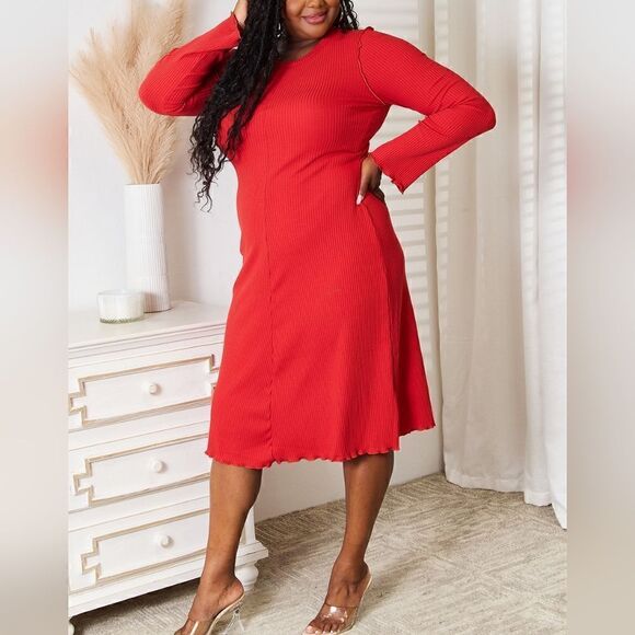 Red Orange Cotton Blend Midi Dress Long Sleeve  Curvy Stretch sz M - Picture 7 of 7